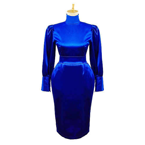 Royal Blue Satin Sissy Pencil Dress – Tailored Crossdressing Uniform with Back Buttons [G597]