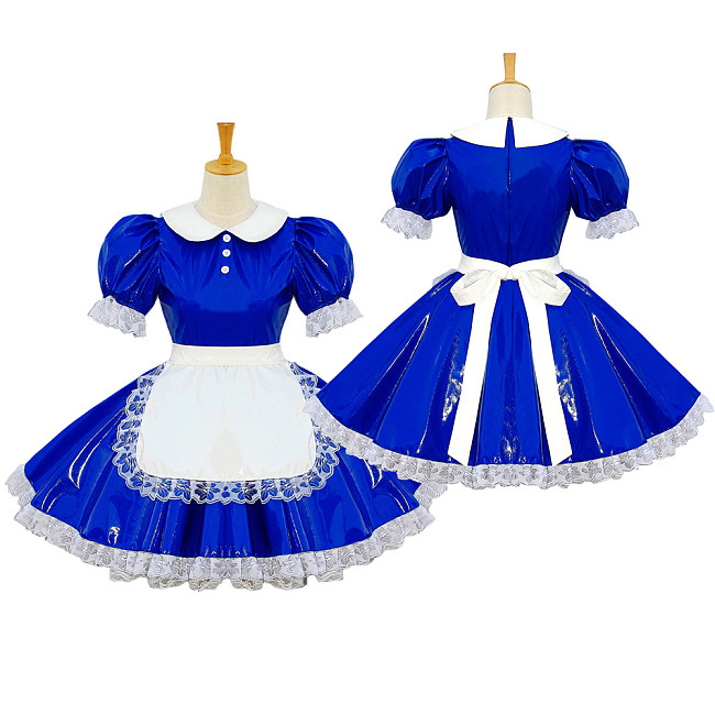 Shiny Blue Heavy PVC Sissy Maid Dress – Lockable Crossdressing Outfit with Lace Apron [G602]