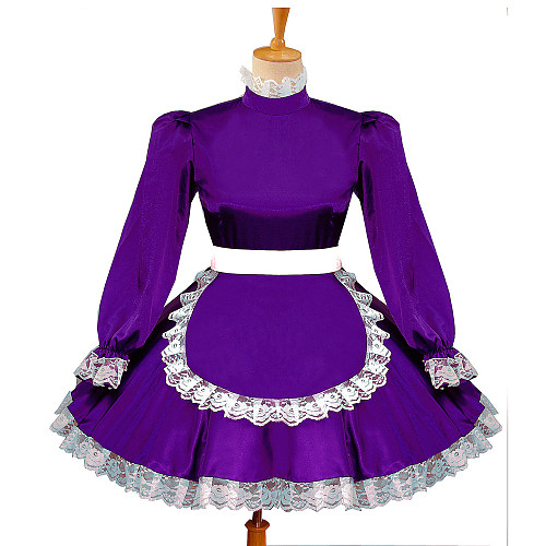 Deep Purple Satin Sissy Maid Dress – Lockable Handmade Crossdressing Uniform [G580]