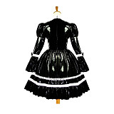 Black Thin PVC Sissy Maid Dress – Lockable Long-Sleeve Crossdressing Uniform with White Lace [G615]