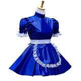 Royal Blue Heavy PVC Lockable Sissy Maid Crossdressing Dress with White Lace Apron [G574]