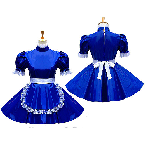 Royal Blue Heavy PVC Lockable Sissy Maid Crossdressing Dress with White Lace Apron [G574]