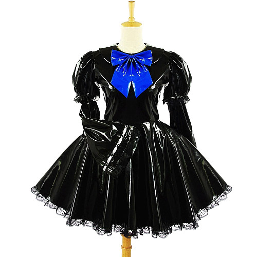 Black Heavy PVC Sissy Maid Dress – Lockable Fetish Crossdressing Outfit with Blue Bow [G613]