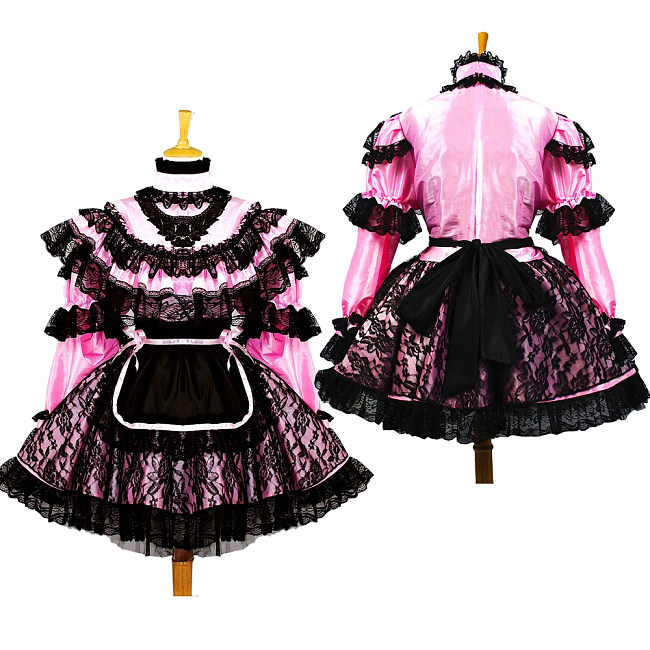 Handmade Pink PVC Black Lace Sissy Maid Dress for Crossdressing – Lockable Design [G661]