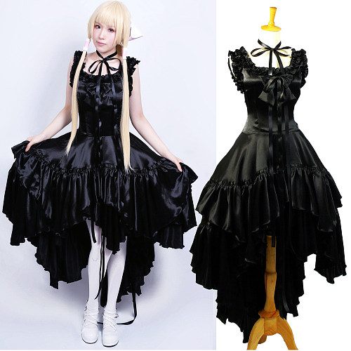 Chobits Chii Black Satin Gothic Cosplay Sissy Maid Dress – Layered Ruffle Gown [G648]