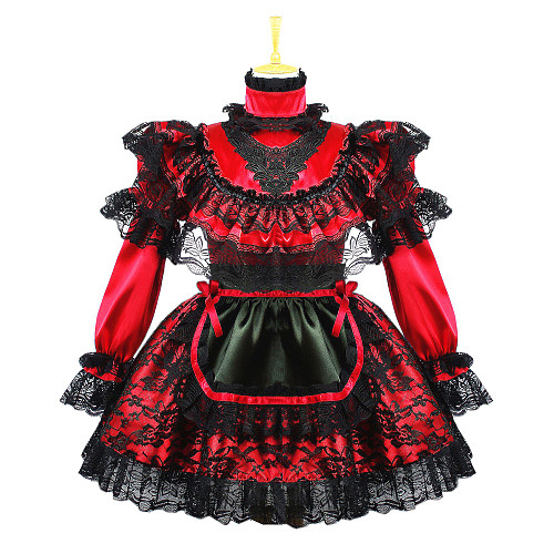 Handmade Red Satin Lace Sissy Maid Dress for Crossdressing – Lockable Design [G658]