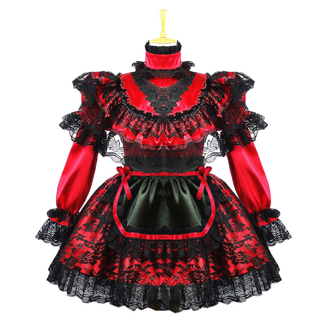 Handmade Red Satin Lace Sissy Maid Dress for Crossdressing – Lockable Design [G658]
