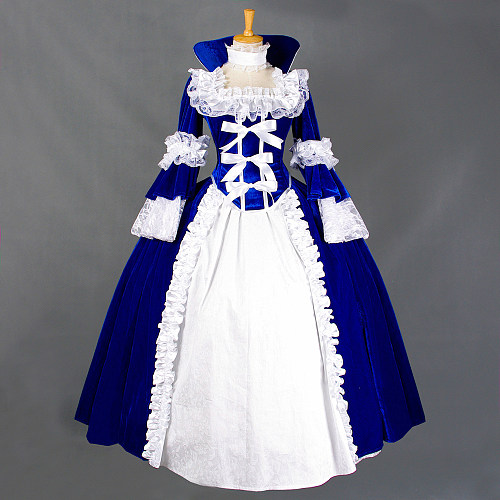 Rococo Victorian Blue & White Velvet Crossdressing Gown with Lace and Ribbons – Medieval Gown [G729]