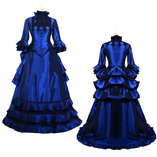 Rococo Victorian Crossdressing Royal Blue Evening Gown with Jacket & Skirt – Medieval Gown [G699]