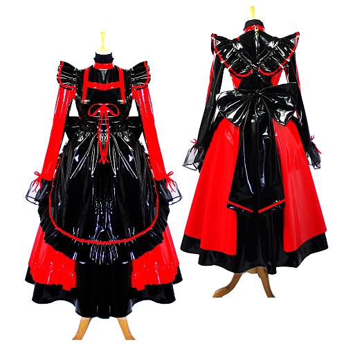 Black & Red Thin PVC Gothic Sissy Maid Dress – Lockable Full-Length Crossdressing Outfit [G634]