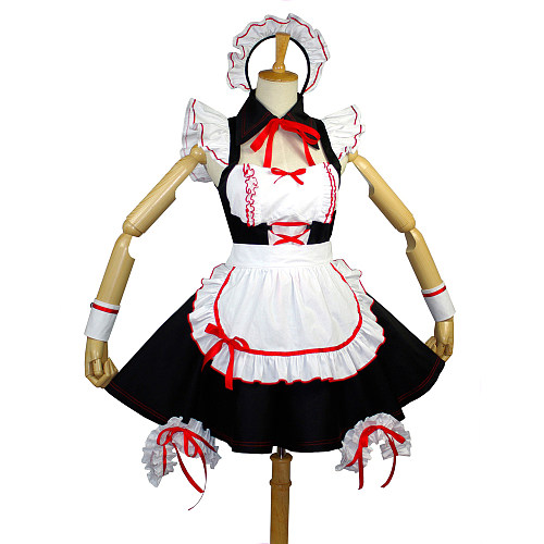 Handmade Black Cotton Sissy Maid Dress with Red Trim and White Apron – Lockable Design [G726]