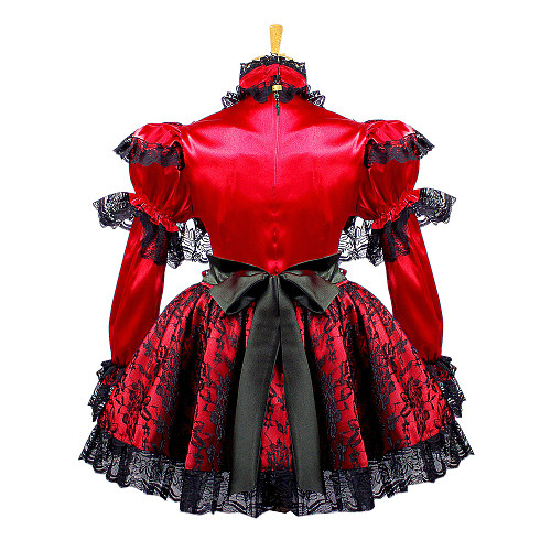 Handmade Red Satin Lace Sissy Maid Dress for Crossdressing – Lockable Design [G658]