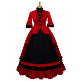 Red and Black Cotton Victorian Medieval Gown Set – Crossdressing Ruffle Dress [G635]