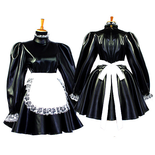 Black Faux Leather Sissy Maid Dress – Lockable Crossdressing Outfit with White Apron [G652]