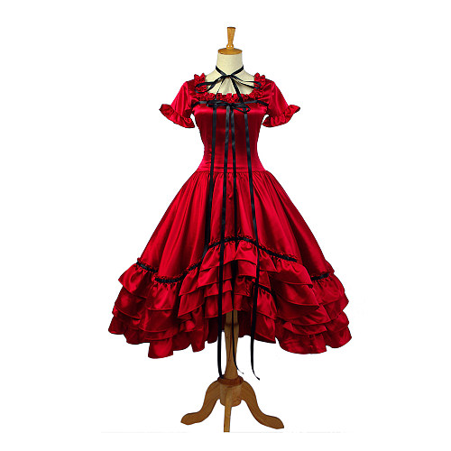 Chii Red Satin Gothic Lolita Cosplay Dress from Chobits Handmade Costume [G665]