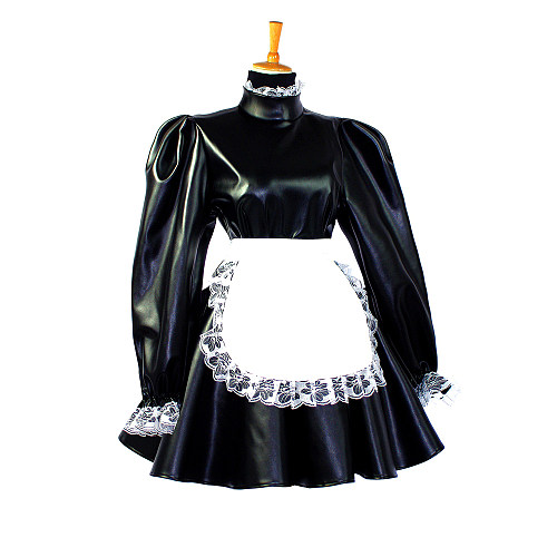 Black Faux Leather Sissy Maid Dress – Lockable Crossdressing Outfit with White Apron [G652]