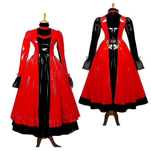 Black & Red Thin PVC Gothic Sissy Maid Dress – Lockable Full-Length Crossdressing Outfit [G634]