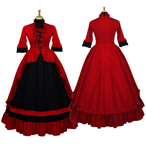 Red and Black Cotton Victorian Medieval Gown Set – Crossdressing Ruffle Dress [G635]