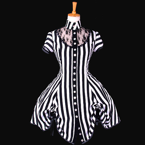 Medieval Gown Black and White Striped Satin Sissy Maid Crossdressing Dress [G768]