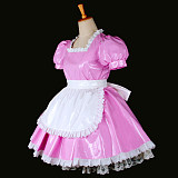 Shiny Pink Thin PVC Sissy Maid Dress with White Apron – Lockable Crossdressing Cosplay Outfit [G771]