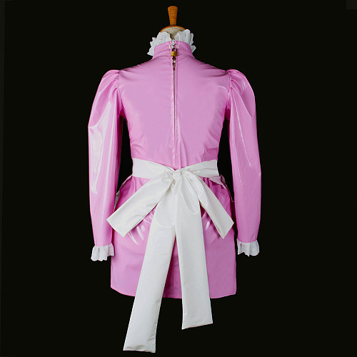 Pink Long Sleeve Thin PVC Sissy Maid Dress with Frilly Apron – Lockable Crossdressing Outfit [G773]