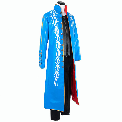 Vergil Cosplay Costume – Devil May Cry 2 DMC Faux Leather Blue Coat Outfit [G749]