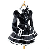 Elegant Black Satin Sissy Maid Dress with Long Sleeves and Frill Details – Crossdressing Cosplay Outfit [G759]