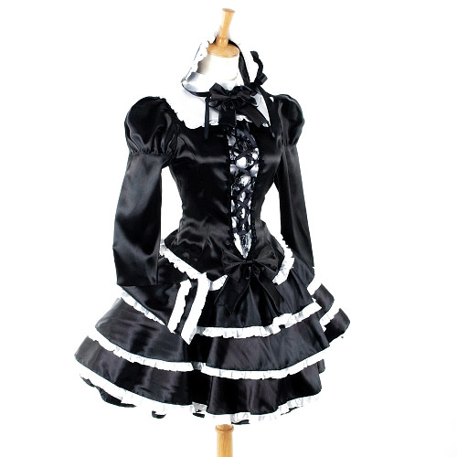 Elegant Black Satin Sissy Maid Dress with Long Sleeves and Frill Details – Crossdressing Cosplay Outfit [G759]