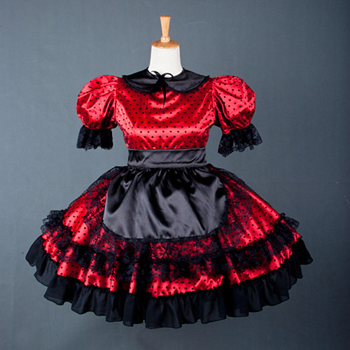 Red and Black Satin Sissy Maid Dress with Lace Trim – Lockable Crossdressing Cosplay Outfit [G779]