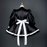 Black Satin Long Sleeve France Sissy Maid Dress with White Apron – Lockable Crossdressing Outfit [G780]