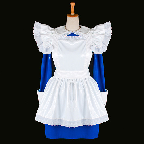 Royal Blue Long Sleeve PVC Sissy Maid Dress with White Apron – Lockable Crossdressing Cosplay Outfit [G772]