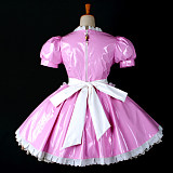 Shiny Pink Thin PVC Sissy Maid Dress with White Apron – Lockable Crossdressing Cosplay Outfit [G771]