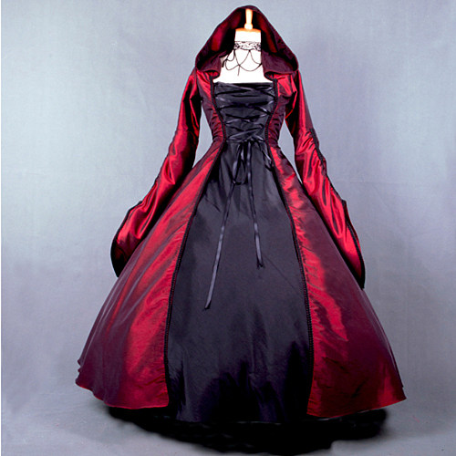 Victorian Rococo Medieval Gown Red and Black Taffeta Hooded Gothic Sissy Crossdressing Dress [G778]