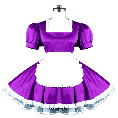 Purple Cotton France Sissy Maid Dress with White Apron – Lockable Crossdressing Cosplay Outfit [G781]