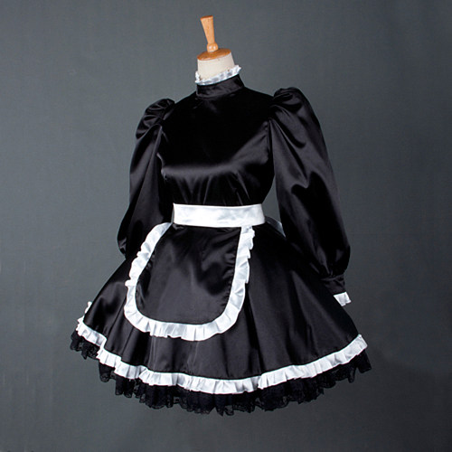 Black Satin Long Sleeve France Sissy Maid Dress with White Apron – Lockable Crossdressing Outfit [G780]