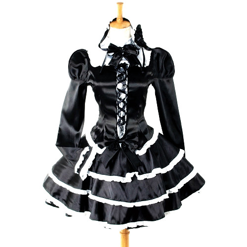 Elegant Black Satin Sissy Maid Dress with Long Sleeves and Frill Details – Crossdressing Cosplay Outfit [G759]