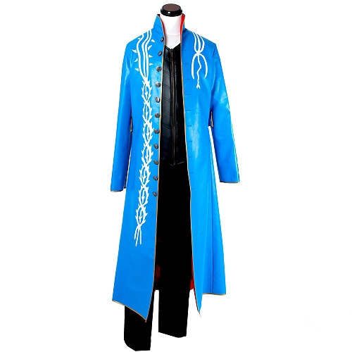 Vergil Cosplay Costume – Devil May Cry 2 DMC Faux Leather Blue Coat Outfit [G749]
