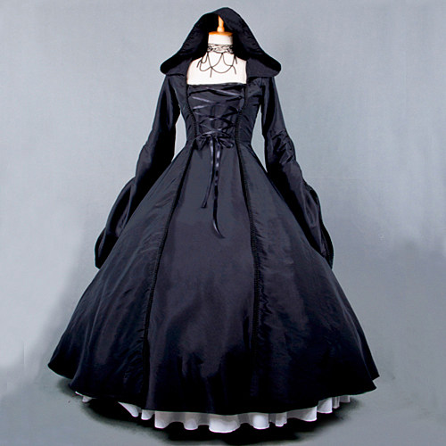 Victorian Rococo Medieval Gown Black Taffeta Hooded Gothic Sissy Crossdressing Dress [G777]