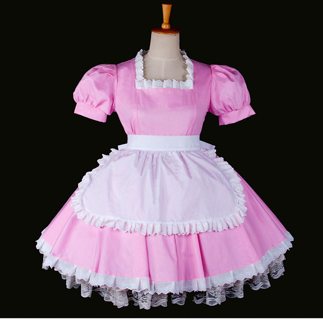 Classic Pink Cotton Sissy Maid Dress with White Apron – Lockable Crossdressing Cosplay Outfit [G770]