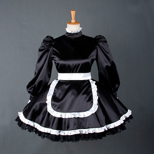Black Satin Long Sleeve France Sissy Maid Dress with White Apron – Lockable Crossdressing Outfit [G780]