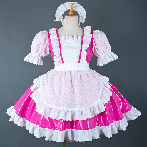 Shiny Pink Lockable PVC Sissy Maid Dress with Apron and Cap – Crossdressing Cosplay Outfit [G756]