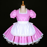 Shiny Pink Thin PVC Sissy Maid Dress with White Apron – Lockable Crossdressing Cosplay Outfit [G771]