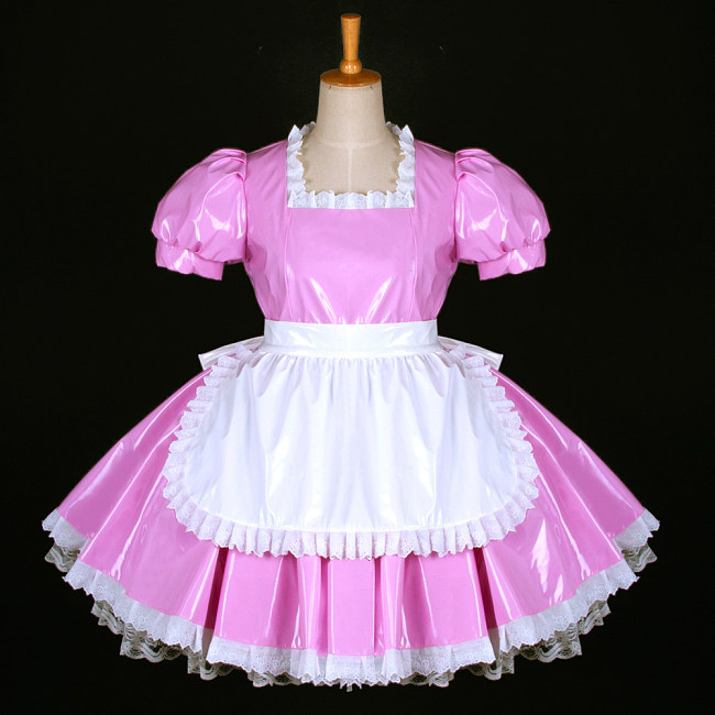 Shiny Pink Thin PVC Sissy Maid Dress with White Apron – Lockable Crossdressing Cosplay Outfit [G771]