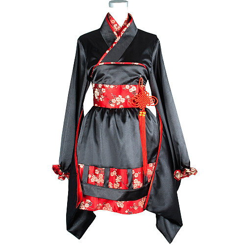 Japanese Kimono Style Cosplay Costume – Black and Red Handmade Satin Outfit [G748]