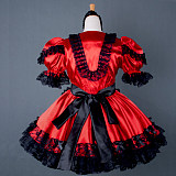Red Satin Sissy Maid Dress with Black Lace – Lockable Crossdressing Cosplay Outfit [G790]