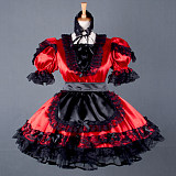 Red Satin Sissy Maid Dress with Black Lace – Lockable Crossdressing Cosplay Outfit [G790]