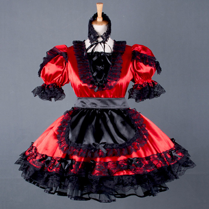 Red and Black Satin Sissy Maid Dress with Lace | Lockable Crossdressing Uniform Red and Black Satin Sissy Maid Dress with Lace | Lockable Crossdressing Uniform