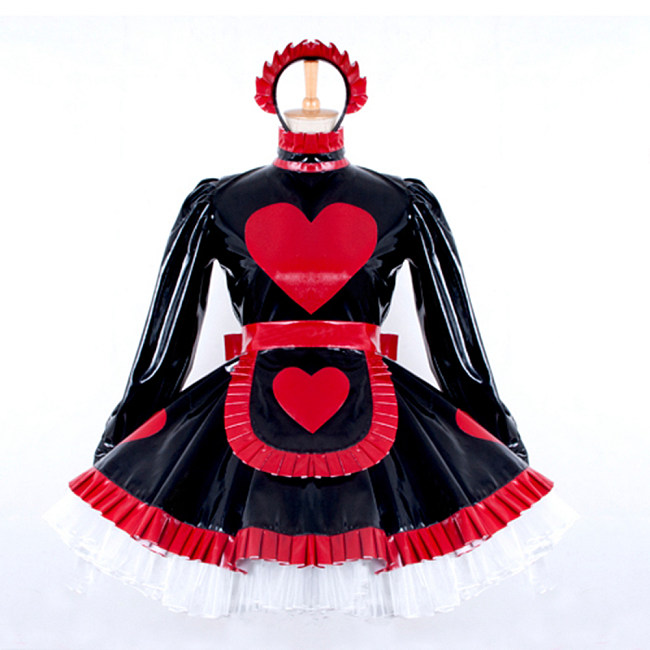 Black & Red Heart PVC Sissy Maid Dress – Lockable Crossdressing Outfit [G796]