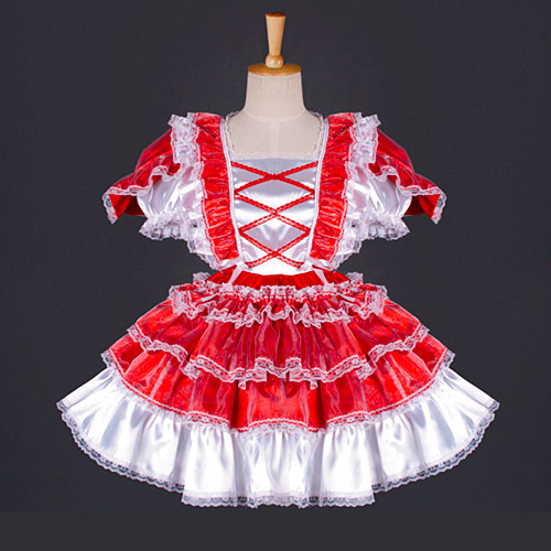 Red and White Satin Sissy Maid Dress with Lace Ruffles – Lockable Crossdressing Cosplay Outfit [G792]