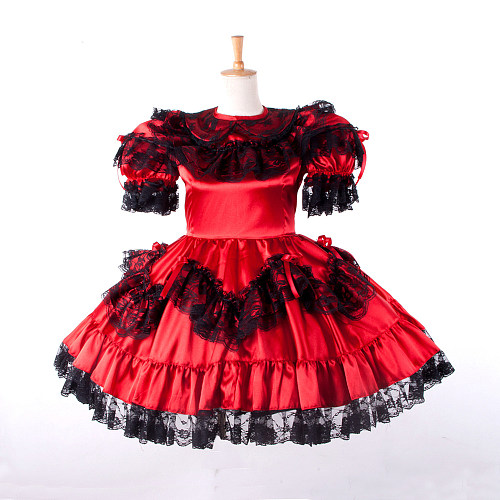 Red Satin Sissy Maid Dress with Black Lace Ruffles – Lockable Crossdressing Outfit [G833]